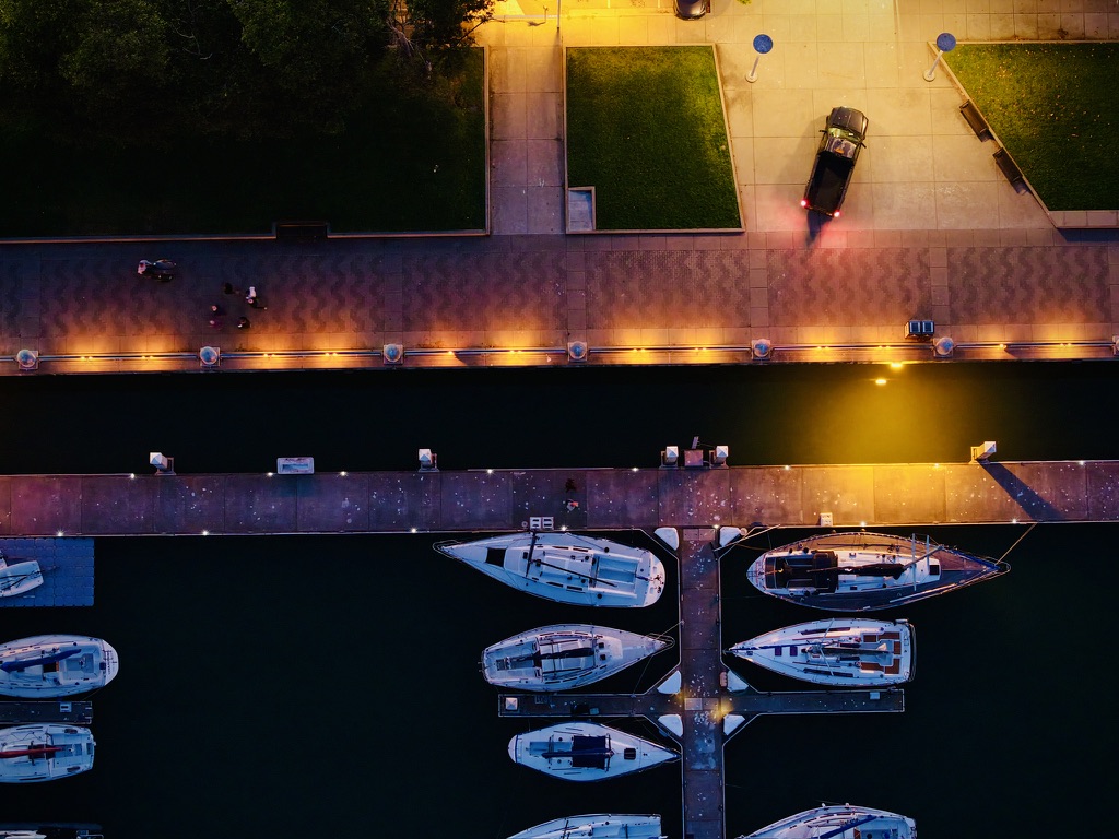 An overhead drone photograph of the marina at Mission Rock in San Francisco.