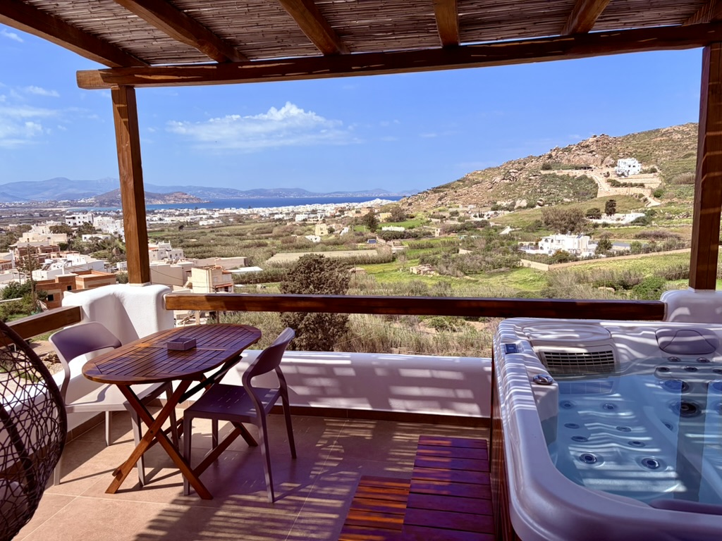 A terrace framing the landscape and sea in Naxos, Greece.
