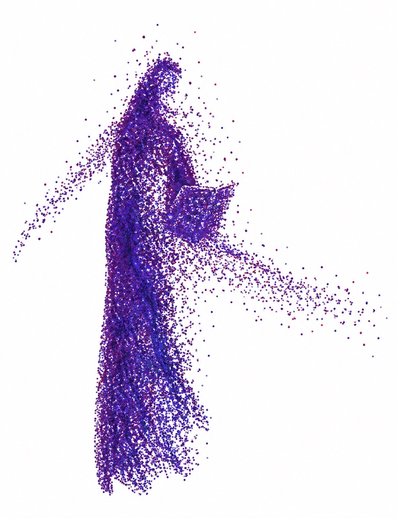A purple figure holding an open book, dispersing into particles against a white field.