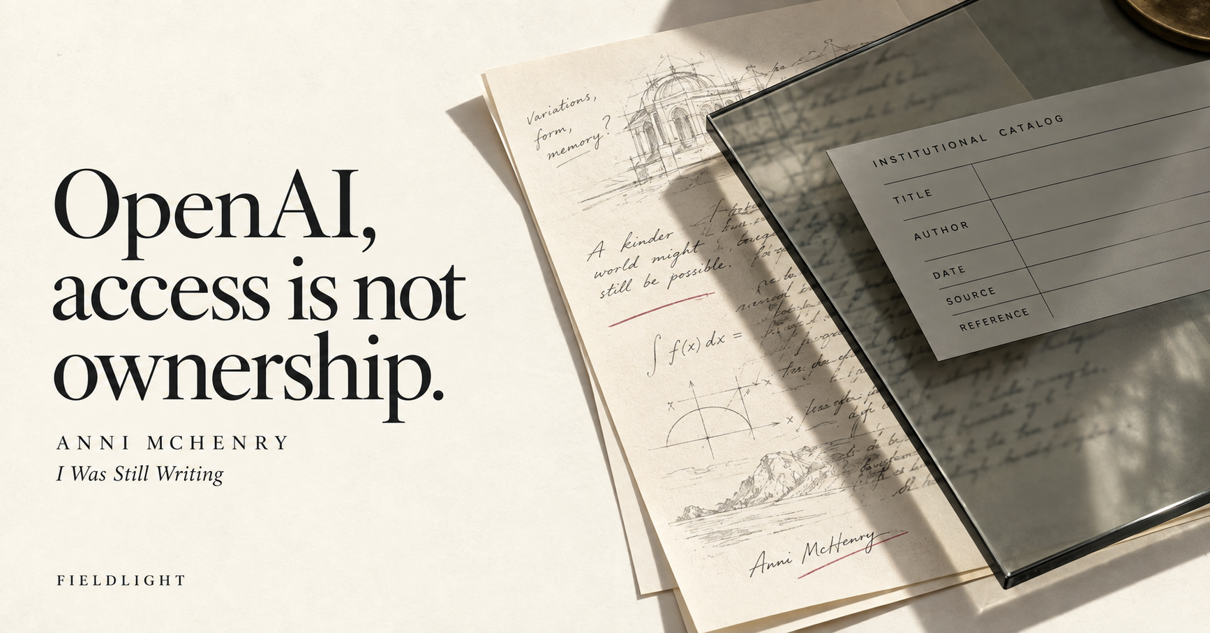 OpenAI, access is not ownership. Anni McHenry. Cover illustration of private work beneath an institutional catalog.