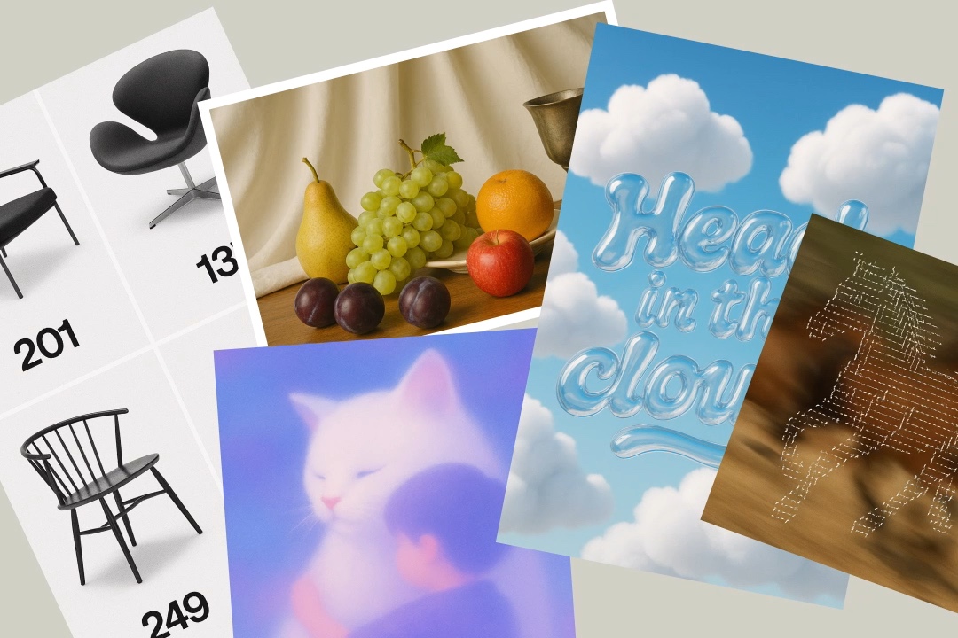 A frame from the retained movie: a chair catalog, fruit still life, clouds poster, cat and person, and a golden text figure.