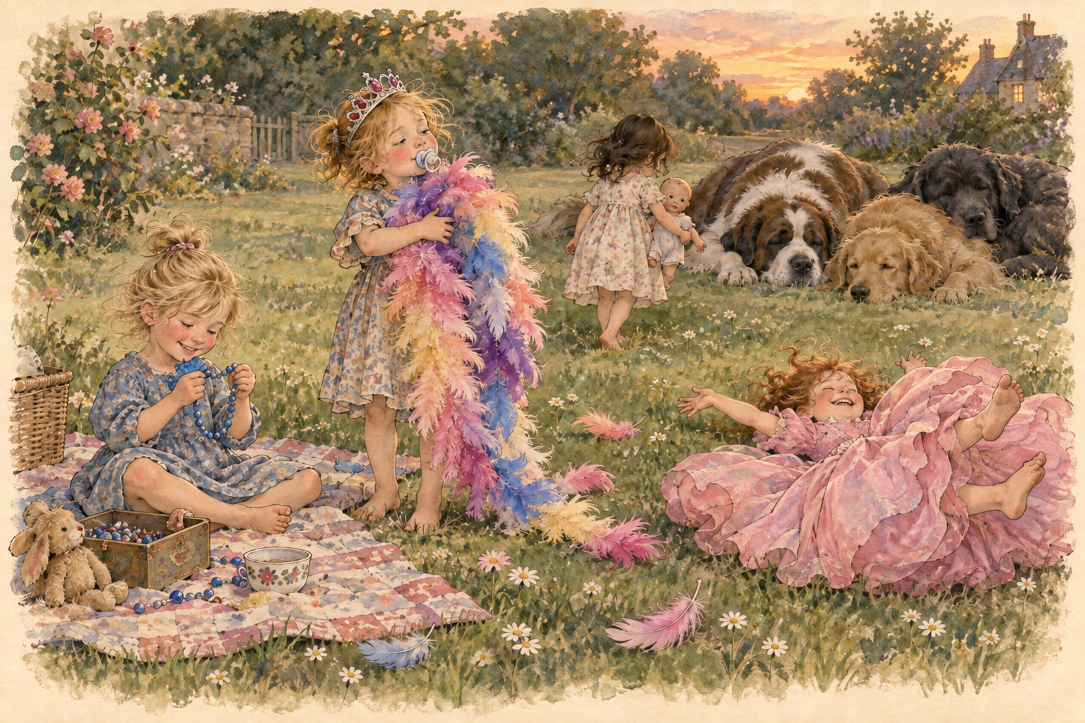 Barefoot girls trade a colorful feather boa for blue beads, visit three sleepy dogs, and roll in the grass in an oversized pink ball gown.